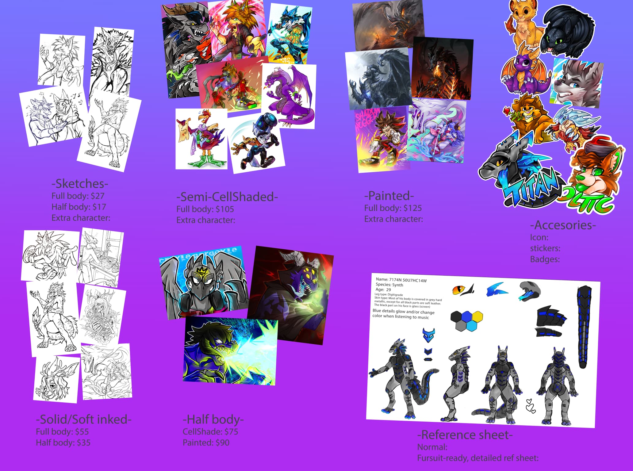 Spyx Art Price Guide - Transparent pricing for furry art commissions including reference sheets, drawings, icons, and stickers