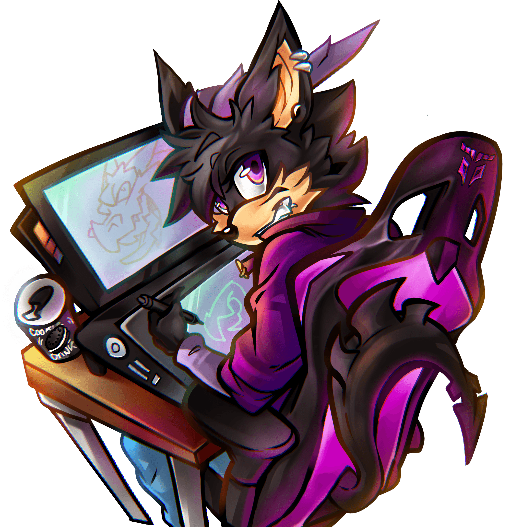 Spyx Eleptys working at desk creating furry art commissions