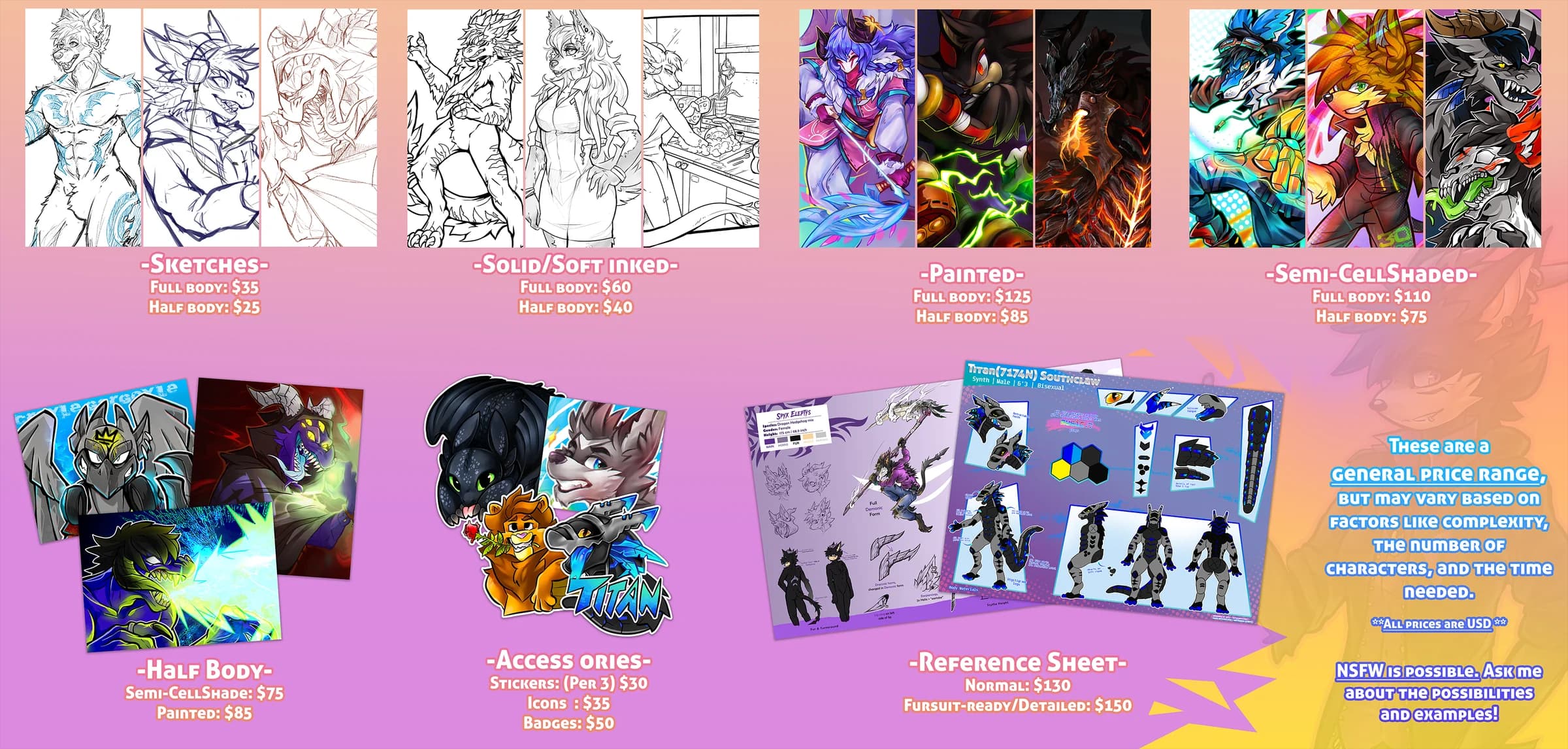 Spyx Art Price Guide - Transparent pricing for furry art commissions including reference sheets, drawings, icons, and stickers