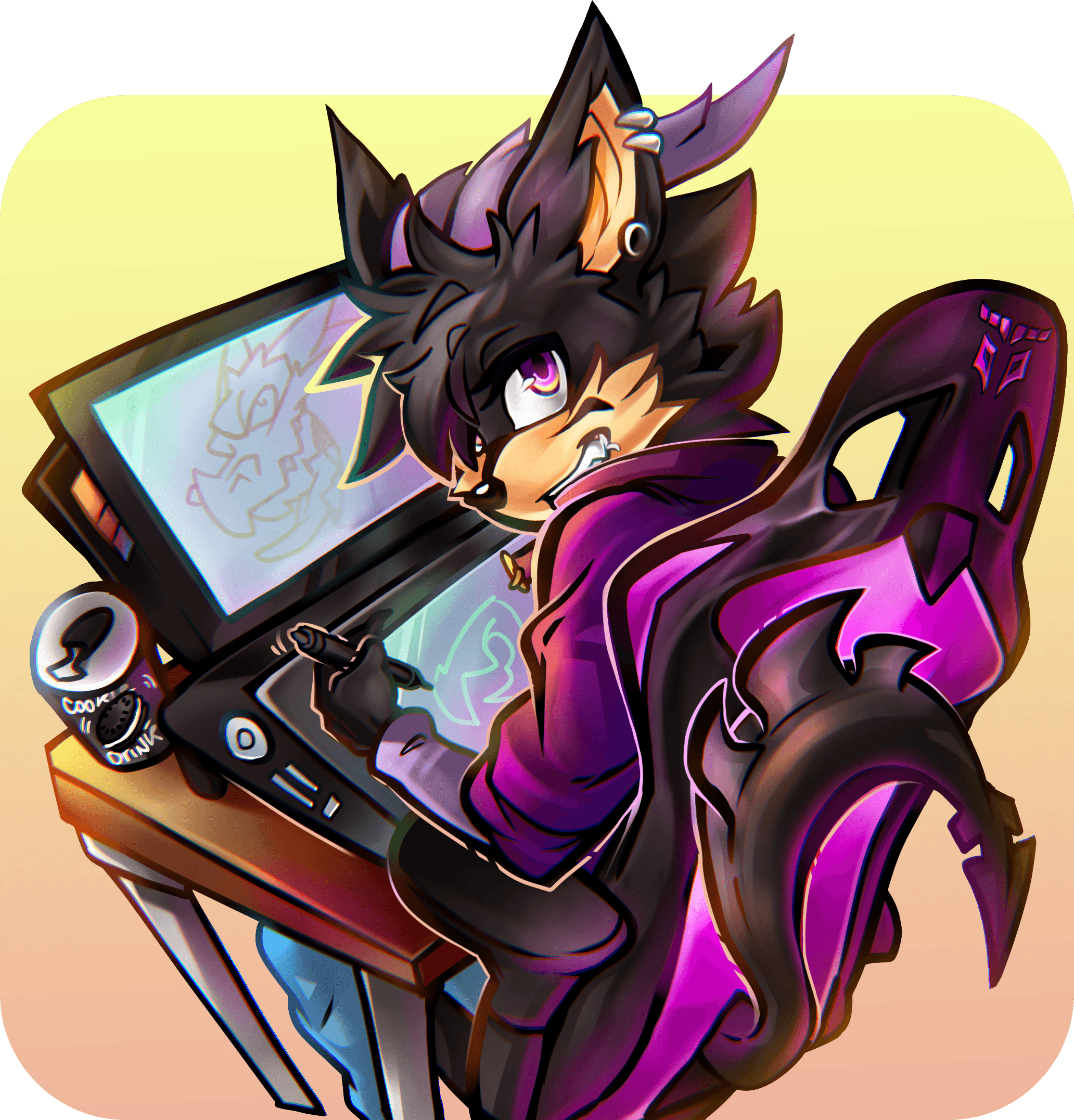 Spyx Drakainyx working at desk creating furry art commissions