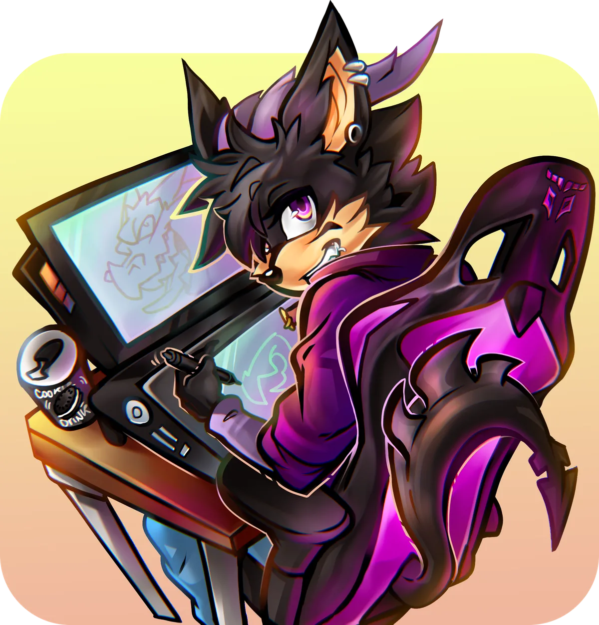 Spyx Drakainyx working at desk creating furry art commissions